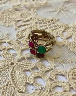Ancienne Bague Harem 5 En 1 Argent Massif Et Or -fleur Rubis Emeraude Naturels