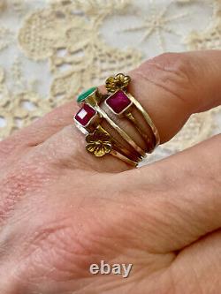 Ancienne Bague Harem 5 En 1 Argent Massif Et Or -fleur Rubis Emeraude Naturels