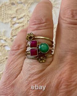 Ancienne Bague Harem 5 En 1 Argent Massif Et Or -fleur Rubis Emeraude Naturels