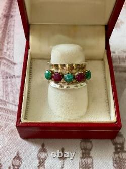 Ancienne Bague Large Art Deco Argent Massif Or Emeraudes Rubis Veritables
