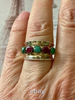 Ancienne Bague Large Art Deco Argent Massif Or Emeraudes Rubis Veritables