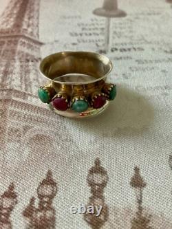 Ancienne Bague Large Art Deco Argent Massif Or Emeraudes Rubis Veritables