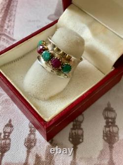 Ancienne Bague Large Art Deco Argent Massif Or Emeraudes Rubis Veritables
