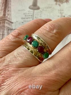 Ancienne Bague Large Art Deco Argent Massif Or Emeraudes Rubis Veritables