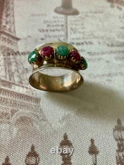 Ancienne Bague Large Art Deco Argent Massif Or Emeraudes Rubis Veritables