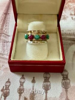 Ancienne Bague Large Art Deco Argent Massif Or Emeraudes Rubis Veritables