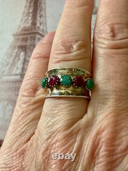 Ancienne Bague Large Art Deco Argent Massif Or Emeraudes Rubis Veritables