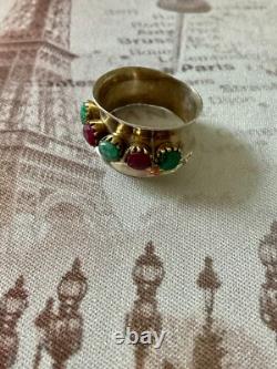 Ancienne Bague Large Art Deco Argent Massif Or Emeraudes Rubis Veritables