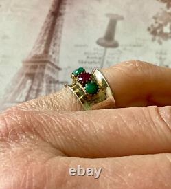 Ancienne Bague Large Art Deco Argent Massif Or Emeraudes Rubis Veritables