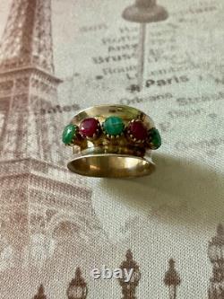 Ancienne Bague Large Art Deco Argent Massif Or Emeraudes Rubis Veritables