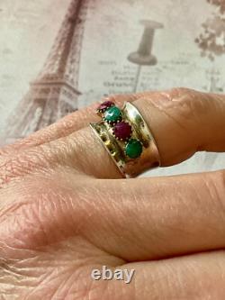 Ancienne Bague Large Art Deco Argent Massif Or Emeraudes Rubis Veritables