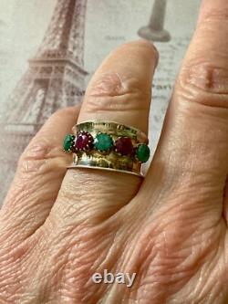 Ancienne Bague Large Art Deco Argent Massif Or Emeraudes Rubis Veritables