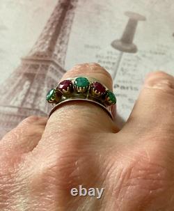 Ancienne Bague Large Art Deco Argent Massif Or Emeraudes Rubis Veritables