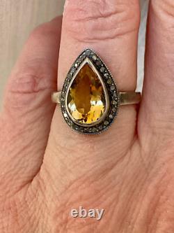 Ancienne Bague Marquise Argent Massif Citrine Et Diamants Taille Ancienne