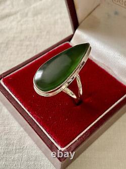 Ancienne Bague Marquise Unique Argent Massif Ouvragé Véritable Jade T57