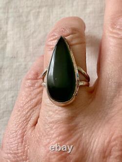 Ancienne Bague Marquise Unique Argent Massif Ouvragé Véritable Jade T57