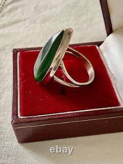 Ancienne Bague Marquise Unique Argent Massif Ouvragé Véritable Jade T57