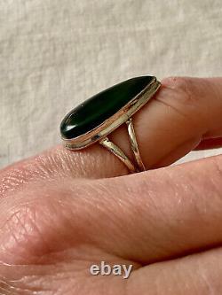 Ancienne Bague Marquise Unique Argent Massif Ouvragé Véritable Jade T57