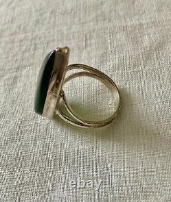 Ancienne Bague Marquise Unique Argent Massif Ouvragé Véritable Jade T57