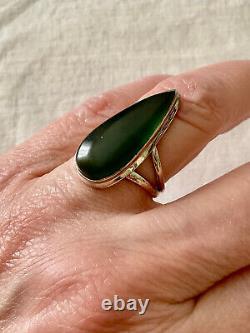 Ancienne Bague Marquise Unique Argent Massif Ouvragé Véritable Jade T57