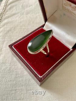 Ancienne Bague Marquise Unique Argent Massif Ouvragé Véritable Jade T57