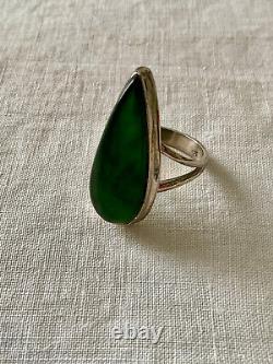 Ancienne Bague Marquise Unique Argent Massif Ouvragé Véritable Jade T57