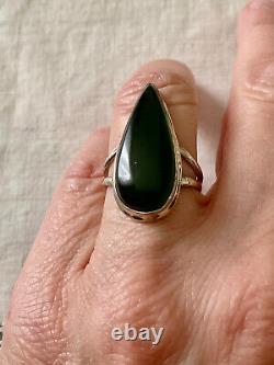 Ancienne Bague Marquise Unique Argent Massif Ouvragé Véritable Jade T57