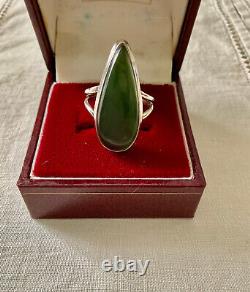 Ancienne Bague Marquise Unique Argent Massif Ouvragé Véritable Jade T57