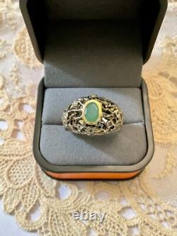 Ancienne Bague Moderniste Argent Massif Or Emeraude & Aigue-marines