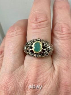 Ancienne Bague Moderniste Argent Massif Or Emeraude & Aigue-marines