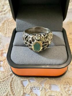 Ancienne Bague Moderniste Argent Massif Or Emeraude & Aigue-marines