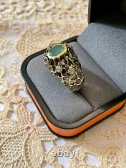 Ancienne Bague Moderniste Argent Massif Or Emeraude & Aigue-marines