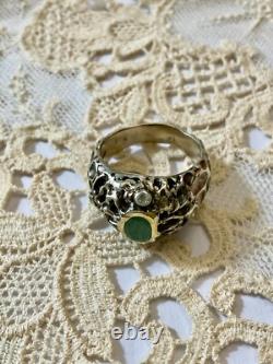 Ancienne Bague Moderniste Argent Massif Or Emeraude & Aigue-marines