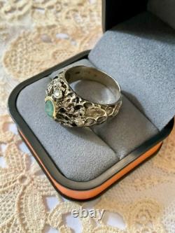 Ancienne Bague Moderniste Argent Massif Or Emeraude & Aigue-marines