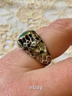 Ancienne Bague Moderniste Argent Massif Or Emeraude & Aigue-marines