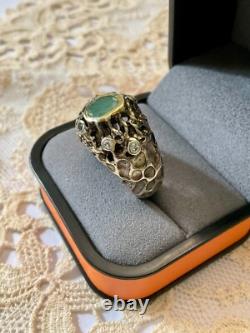 Ancienne Bague Moderniste Argent Massif Or Emeraude & Aigue-marines