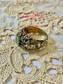 Ancienne Bague Moderniste Argent Massif Or Emeraude & Aigue-marines