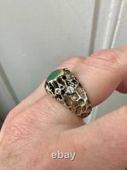Ancienne Bague Moderniste Argent Massif Or Emeraude & Aigue-marines