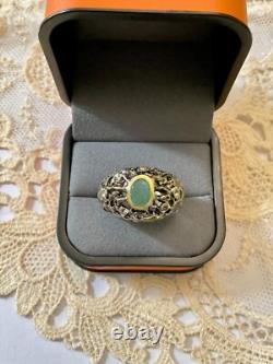 Ancienne Bague Moderniste Argent Massif Or Emeraude & Aigue-marines