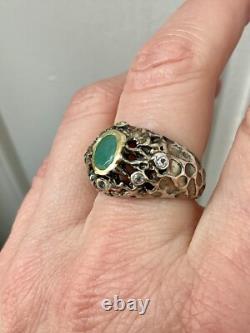 Ancienne Bague Moderniste Argent Massif Or Emeraude & Aigue-marines