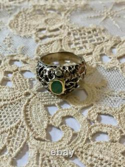 Ancienne Bague Moderniste Argent Massif Or Emeraude & Aigue-marines