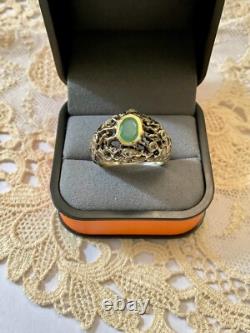 Ancienne Bague Moderniste Argent Massif Or Emeraude & Aigue-marines