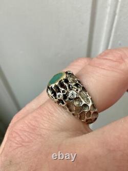 Ancienne Bague Moderniste Argent Massif Or Emeraude & Aigue-marines