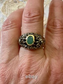 Ancienne Bague Moderniste Argent Massif Or Emeraude & Aigue-marines