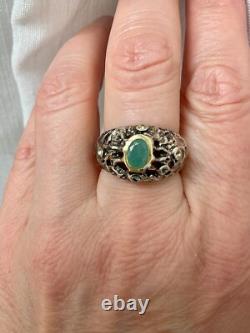 Ancienne Bague Moderniste Argent Massif Or Emeraude & Aigue-marines