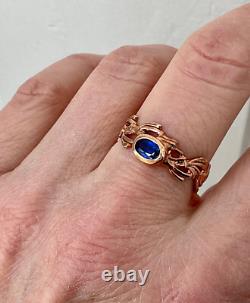 Ancienne Bague Or Rose Argent Massif Saphir Bleu Véritable Monture Ouvragée