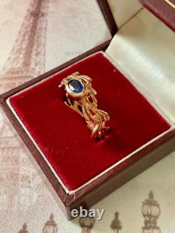 Ancienne Bague Or Rose Argent Massif Saphir Bleu Véritable Monture Ouvragée