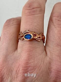 Ancienne Bague Or Rose Argent Massif Saphir Bleu Véritable Monture Ouvragée