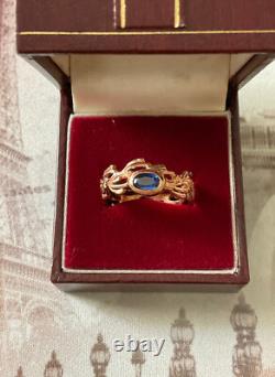 Ancienne Bague Or Rose Argent Massif Saphir Bleu Véritable Monture Ouvragée