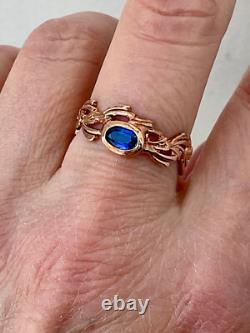 Ancienne Bague Or Rose Argent Massif Saphir Bleu Véritable Monture Ouvragée